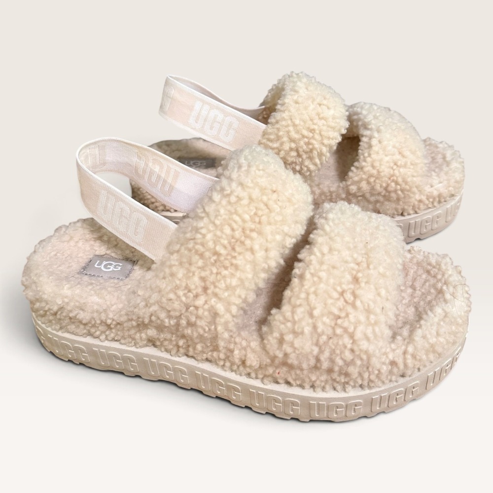 UGG Women's Fluffita Flatform Slide Sandals Cream US 10 Teddy Sherpa Cozy NWOT